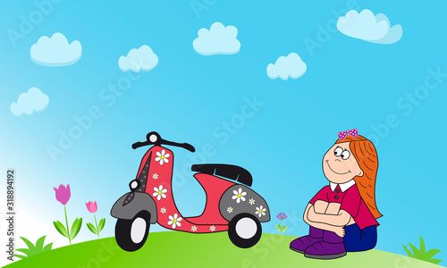 Chica sentada en el campo con scooter.