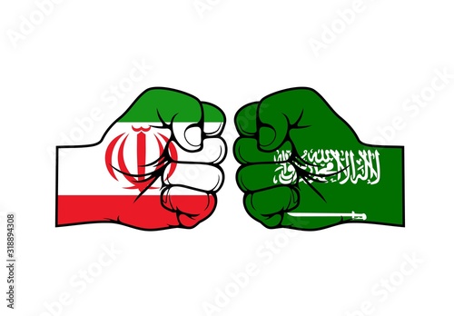 Iranian and Saudi Arabian two fists against each other, vector design. Islamic Republic of Iran vs Kingdom of Saudi Arabia. Middle East proxy conflict or cold war