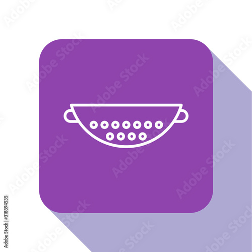 White line Kitchen colander icon isolated on white background. Cooking utensil. Cutlery sign. Purple square button. Vector Illustration