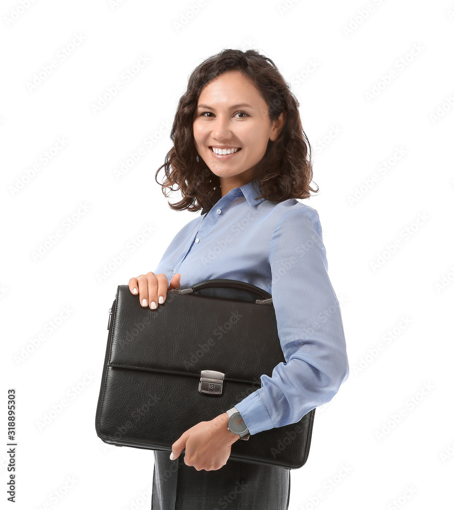 Portrait of beautiful businesswoman with briefcase on white background