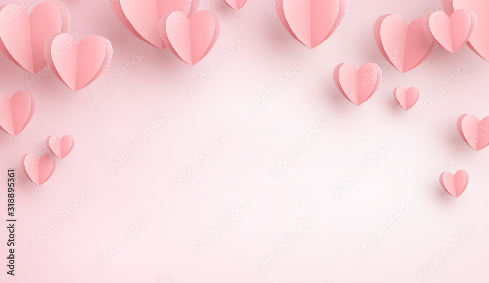 Paper elements in shape of heart flying on pink background. Vector symbols of love for Happy Women's, Mother's, Valentine's Day, birthday greeting card design..