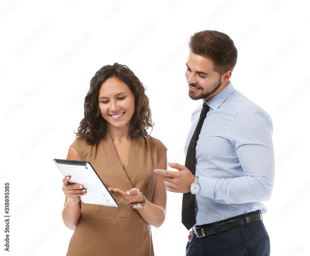 Portrait of young business people with tablet computer on white background Portrait of young business people with tablet computer on white background