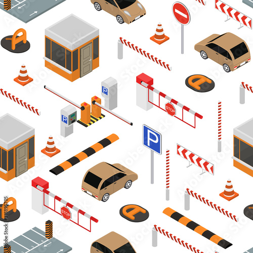 Parking Elements Concept Seamless Pattern Background 3d Isometric View. Vector