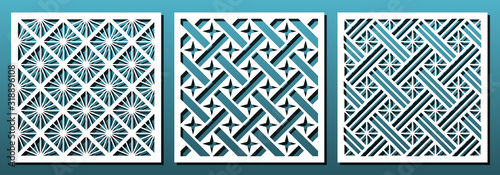 Laser cut pamels template, vector set. Abstract geometric pattern. Stencils, die for metal cutting, paper art, fretwork, wood carving, card background, wall panel design.