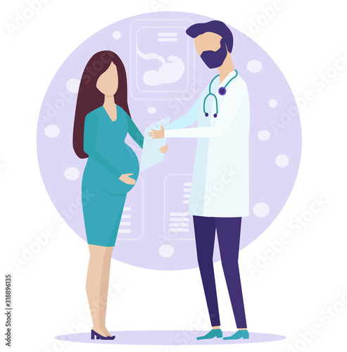 the gynecologist explains to the pregnant woman the treatment plan, the results of tests, and tells about her condition. White coat, third trimester, medicine.