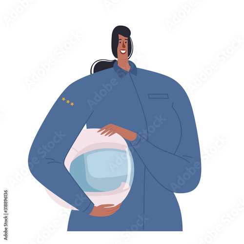 An afro-american female astronaut stands and holds a spacesuit helmet in his hand. The concept of the profession of women pilot