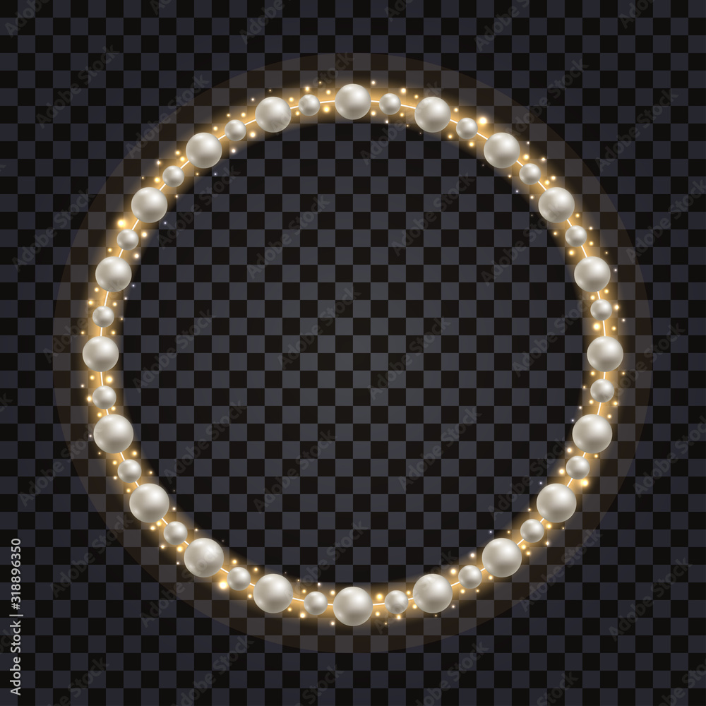 Decorative frame with white pearls and gold glowing sparkles. Shiny golden glitter, jewelry design, realistic pearls. Vector illustration Decorative frame with white pearls and gold glowing sparkles. Shiny golden glitter, jewelry design, realistic pearls. Vector illustration