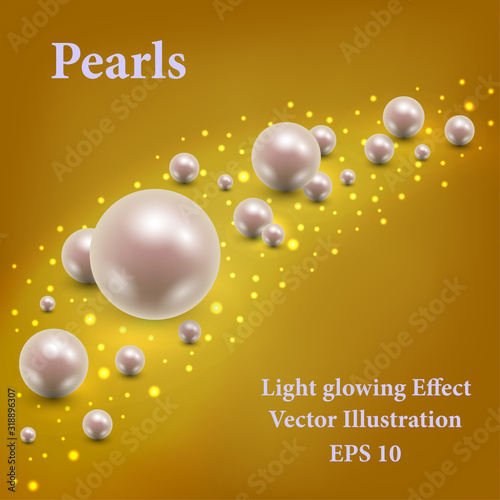 Golden background with light glowing effect,  realistic pearls and glitter particles. Luxurious design. Vector illustration. photo