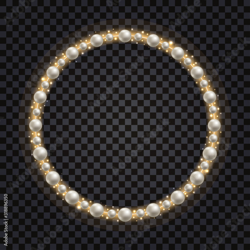 Decorative frame with white pearls and gold glowing sparkles. Shiny golden glitter, jewelry design, realistic pearls.  Vector illustration