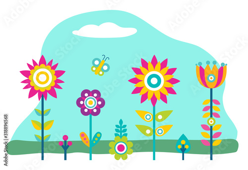 Plants growth in garden or field. Flowers that grown indoor in potting soil. Colorful vegetation with leaves. Countryside or ranch nature with bloom plant. Vector illustration of blossom in flat style
