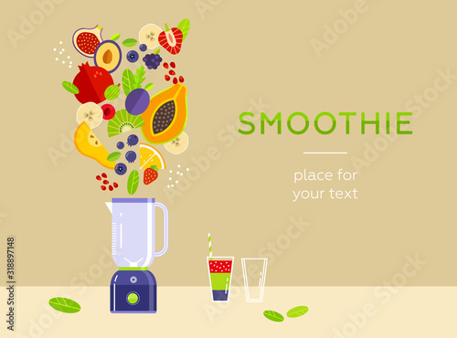 Vector illustration. Mixed fruits berries and greens fly into a blender. Ingredients in the air isolated. Fresh various fruits. Healthy food. Design template for banner, web. Place for your text. 