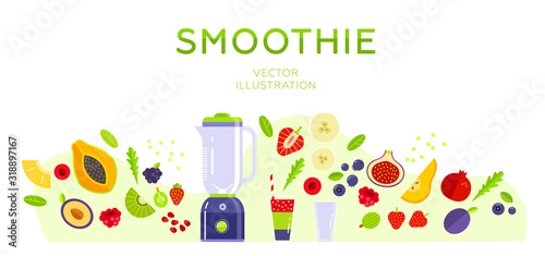 Smoothies of berries, fruits and greens. Ingredients for vegan food. Blender and flying fruits. Flat design, white isolated. Place for your text. Vector illustration for web, poster, banner, app. 