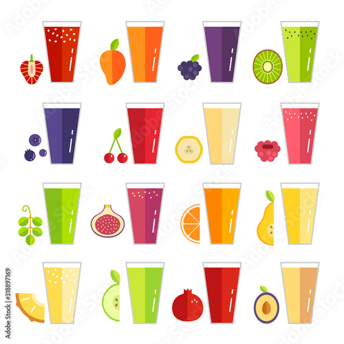Collection of glass with different juices. Vector icons on white background isolated. Smoothies from berries and fruits. Healthy food for diet. Trendy style, flat design