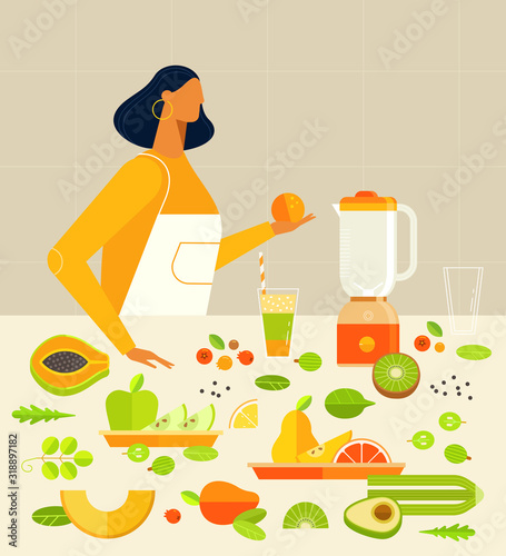 Female character. Colorful vector illustration, flat design, isolated. Simple trendy style. Woman makes a smoothie at the table of fruit, greens and berries. Good food for health and weight loss