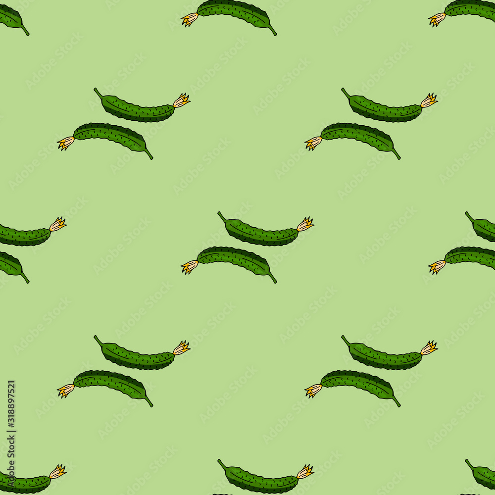 Fototapeta premium Seamless pattern with cucumbers on light green background for fabric, textile, clothes, tablecloth and other things. Vector image.