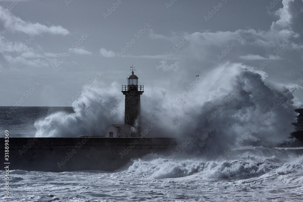Sea storm at the Douro river mouth