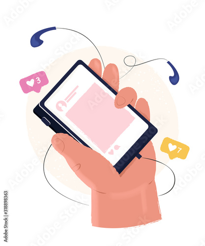 Social networking concept. Hand holding smartphone and making post, chatting in messenger. Virtual relationships, information exchange. Vector illustration