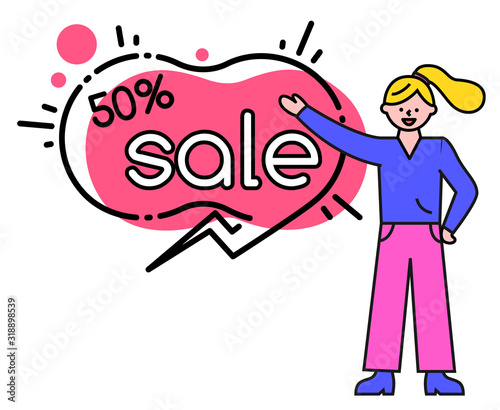 Woman stand near advertising sticker. Big sale in stores, discounts up to 50 percent off. Lady show on outline pink bubble. Designed promotion tag with caption. Vector illustration in flat style