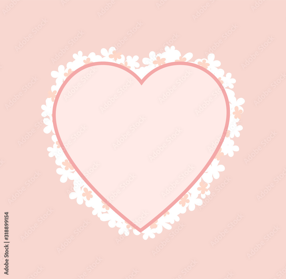 Pink heart shape frame decorated by blooming flowers isolated. Vector decorative border for marriage, engagement parties. Photo-frame for dating people in love