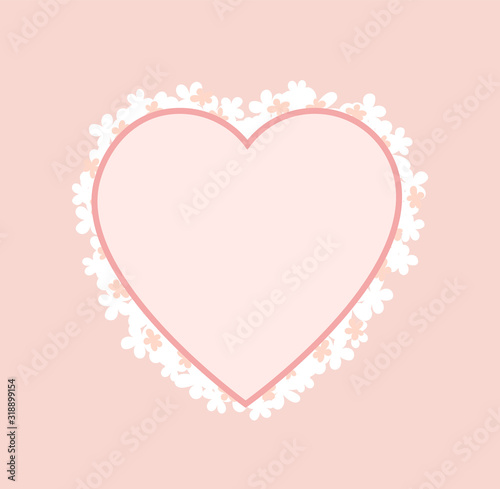 Pink heart shape frame decorated by blooming flowers isolated. Vector decorative border for marriage, engagement parties. Photo-frame for dating people in love