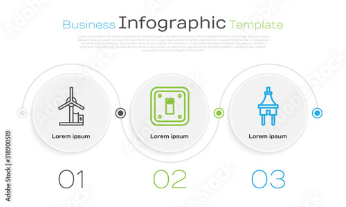 Set line Wind turbine, Electric light switch and Electric plug. Business infographic template. Vector