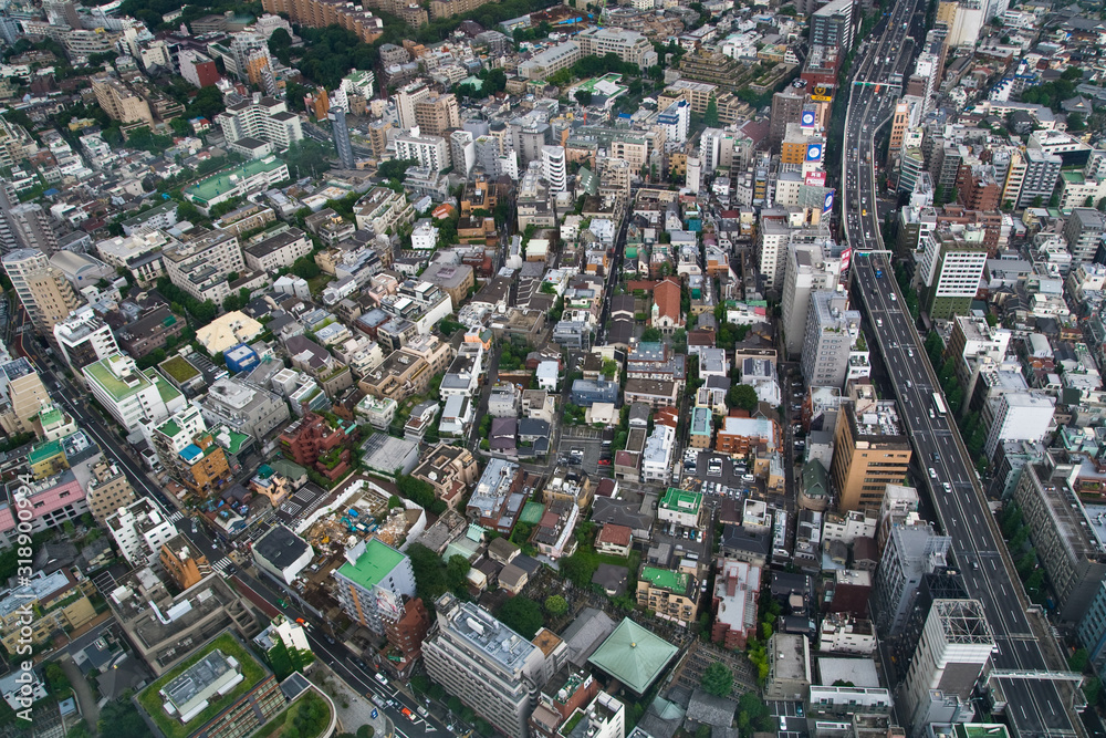 Fototapeta premium Aerial shot of Tokyo City near Roppongi Hills