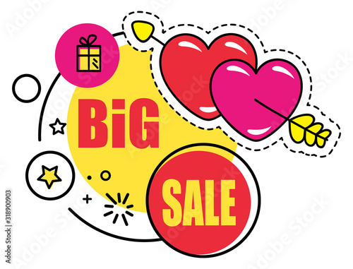 Sal or discount for holidays, isolated promotional banner with hearts and presents. Sellout or clearance announcement of shop or store. Market proposal with decorative stars vector in flat style