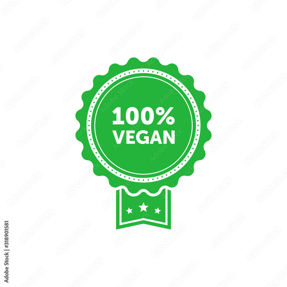 100 percent Vegan green emblem. Design element for packaging design and promotional material. Vector illustration.