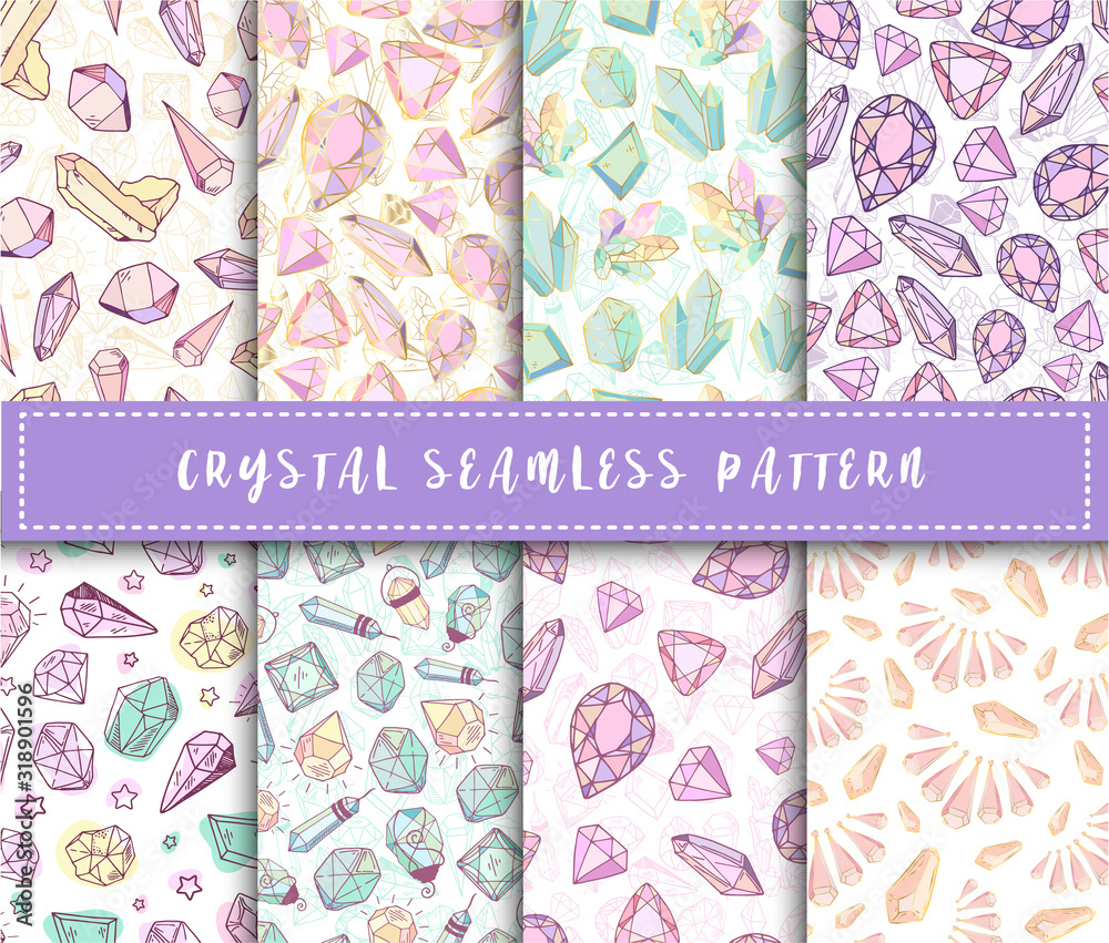 Crystal seamless pattern - colorful rainbow crystals or gems on white background, endless background with gemstones, minerals, diamonds, flat vector for textile, wrapping paper, scrapbooking
