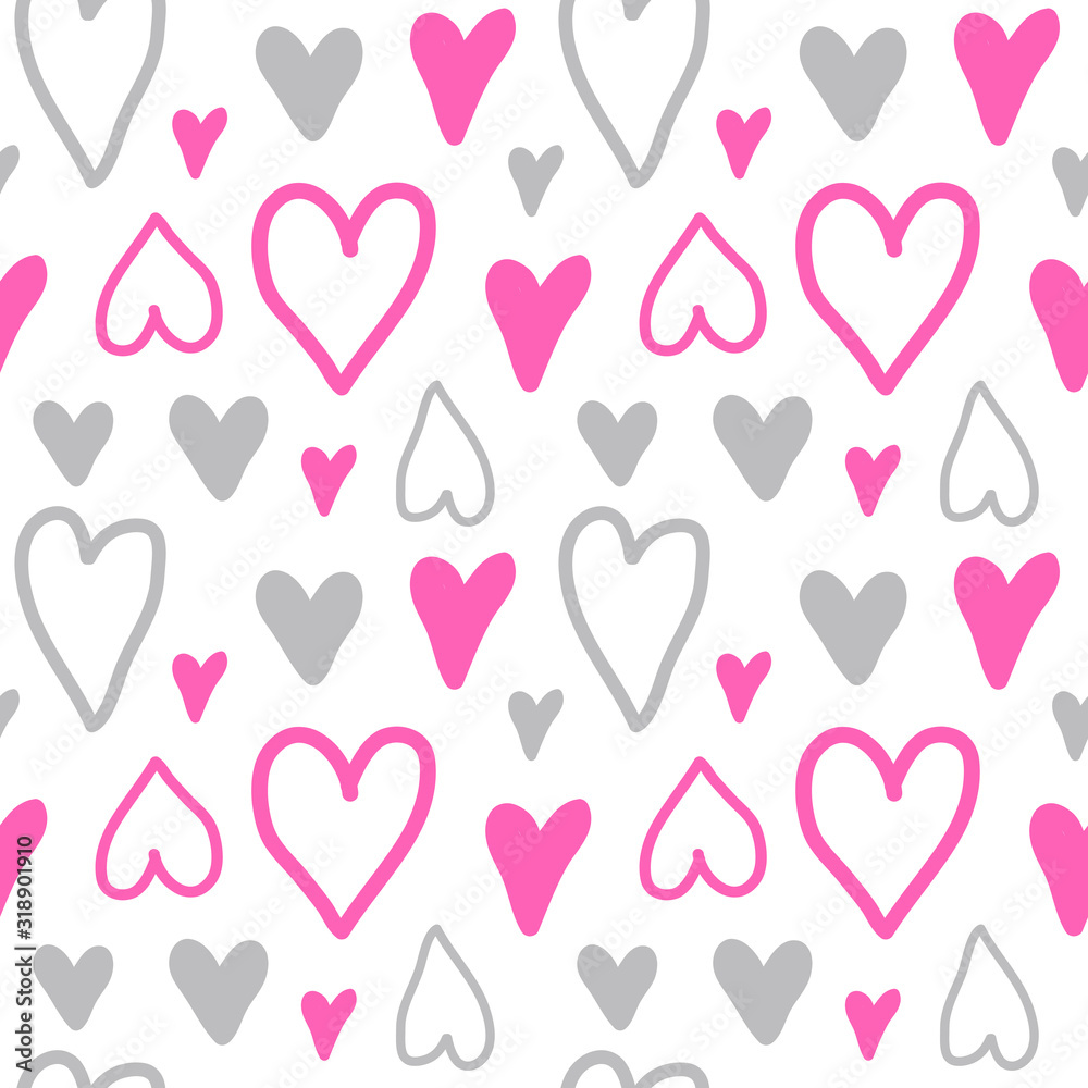 Repeated round dots and hearts drawn by hand with watercolour brush.