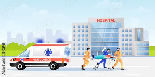 Paramedic and nurse carrying patient in stretcher from ambulance car. Vector illustration. Emergency medicine concept