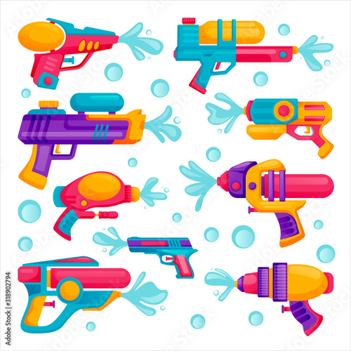 Water guns icons set. Vector flat cartoon illustration. Multicolor kids water toys for playing on summer beach photo