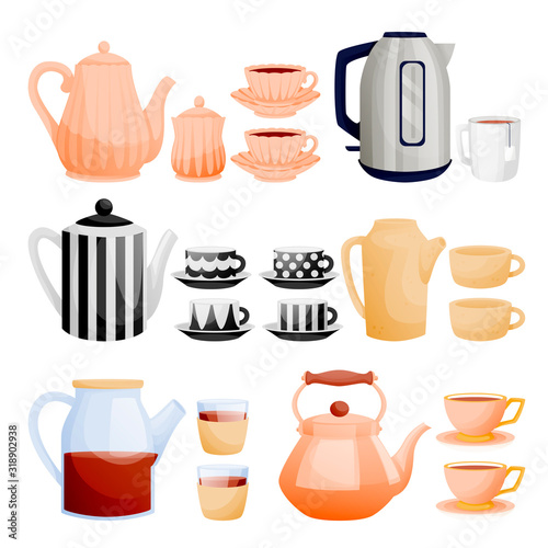 Teapots, tea cups vector illustration. Ceramic, glass, porcelain utensil icons set. Kitchenware isolated design elements