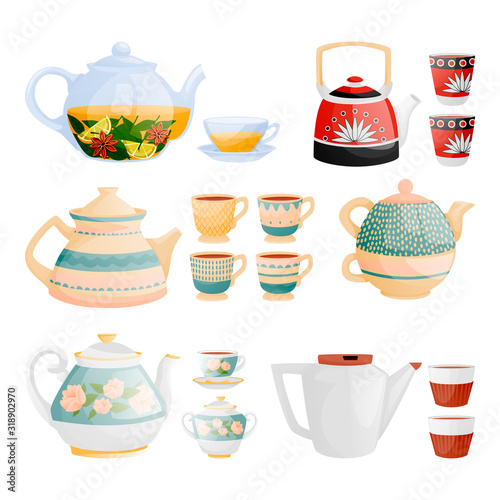 Teapots, tea cups vector illustration. Ceramic, glass, porcelain utensil icons set. Kitchenware isolated design elements