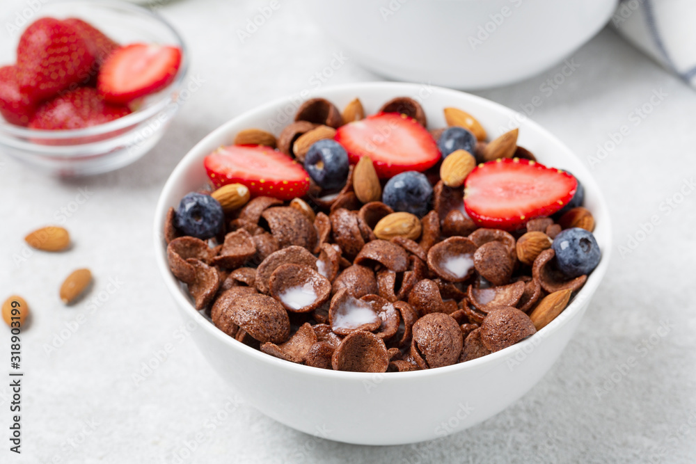 Chocolate flakes with fresh berries, milk and nuts in a bowl. Bowl of crispy chocolate flakes, milk, strawberries, blueberries and almonds. Delicious breakfast Chocolate flakes with fresh berries, milk and nuts in a bowl. Bowl of crispy chocolate flakes, milk, strawberries, blueberries and almonds. Delicious breakfast