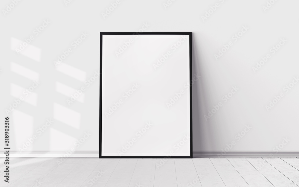 White poster on floor with blank frame mockup for you design. Layout mockup. White poster on floor with blank frame mockup for you design. Layout mockup.