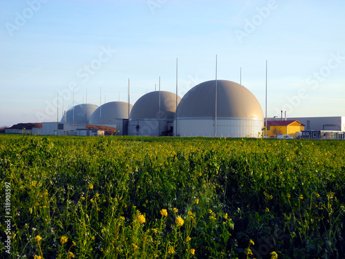 Austria, agricultural biogas plant and rape field in Lower Austria