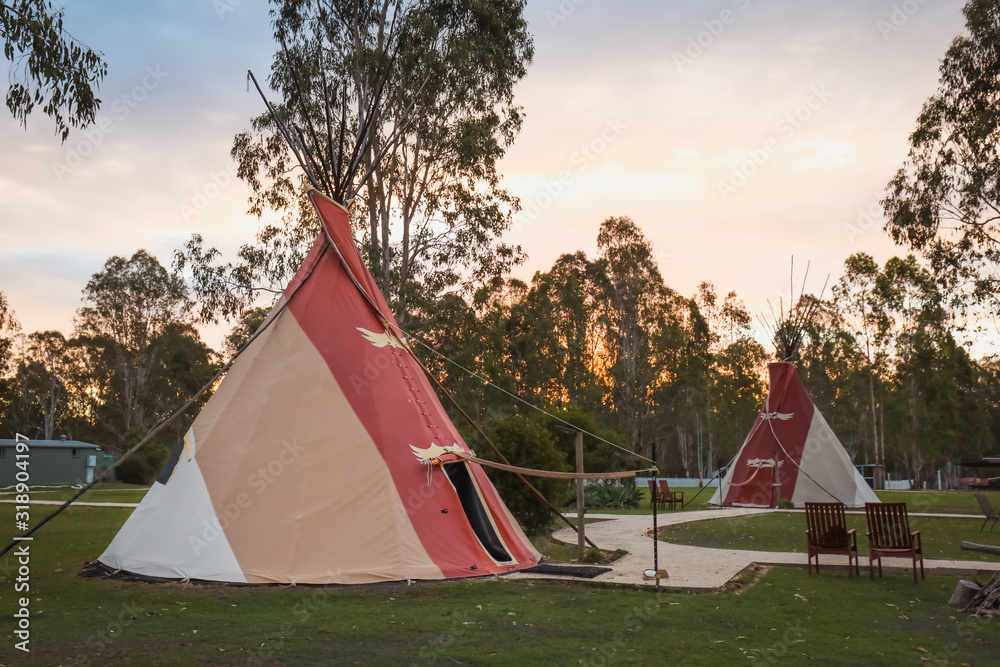 Tipi camp ground at sunrise 