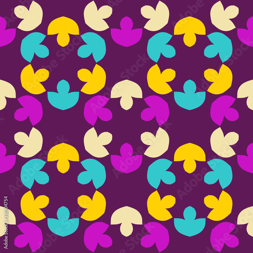 Seamless pattern with circular groups of geometric elements.