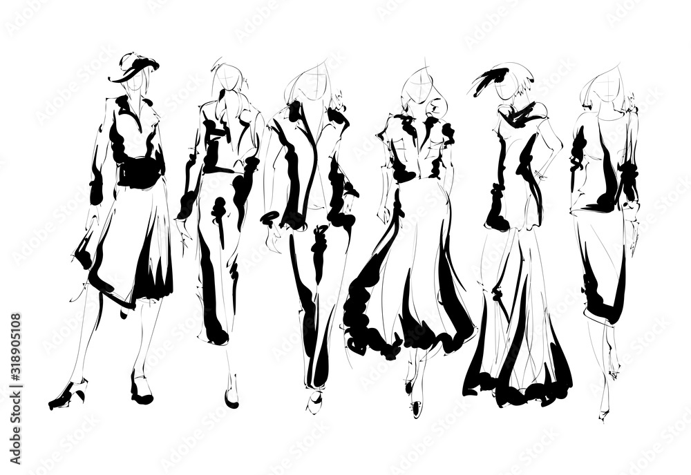 Beautiful young women in modern style.. Hand drawn stylish woman portrait. Fashion lady. Festive outfit. Sketch. Fashion model posing in dress. Hand drawn fashion woman. Beautiful young women in modern style.. Hand drawn stylish woman portrait. Fashion lady. Festive outfit. Sketch. Fashion model posing in dress. Hand drawn fashion woman.