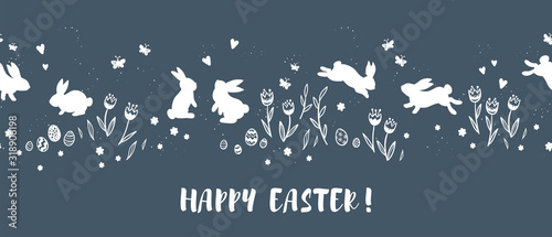 Cute hand drawn Easter horizontal seamless pattern with bunnies, flowers, easter eggs, beautiful background, great for Easter Cards, banner, textiles, wallpapers - vector design