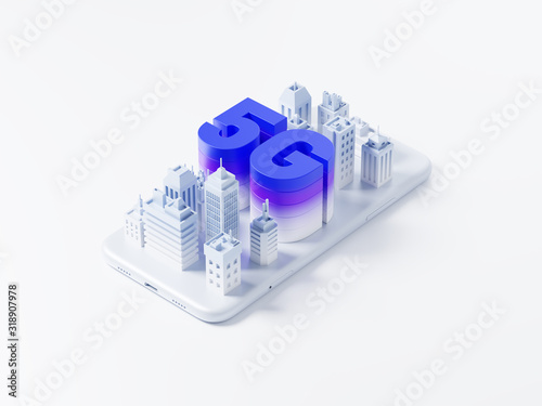 Creative background with smartphone, city and 5G network, high-speed mobile Internet, new generation networks. 3d illustration.
