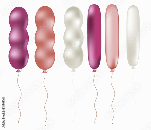 A set of long balloons in pink and white pearl color. Isolated on a white background. Can be used to create postcards, banners, flyers, invitations to Valentine's Day or birthday.