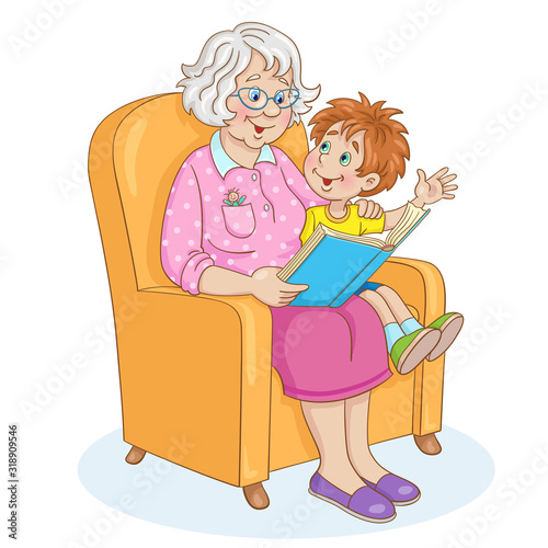Cute grandmother and funny grandson are reading a book while sitting on an armchair. In cartoon style. Isolated on white background. Vector illustration.