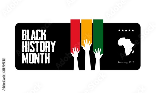 Black History Month red, yellow and green symbolic tricolor banner template with raised hands and African continent.