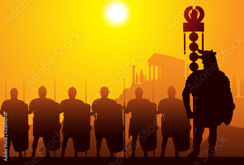 Roman signifer with legionnaires and roman temple on background