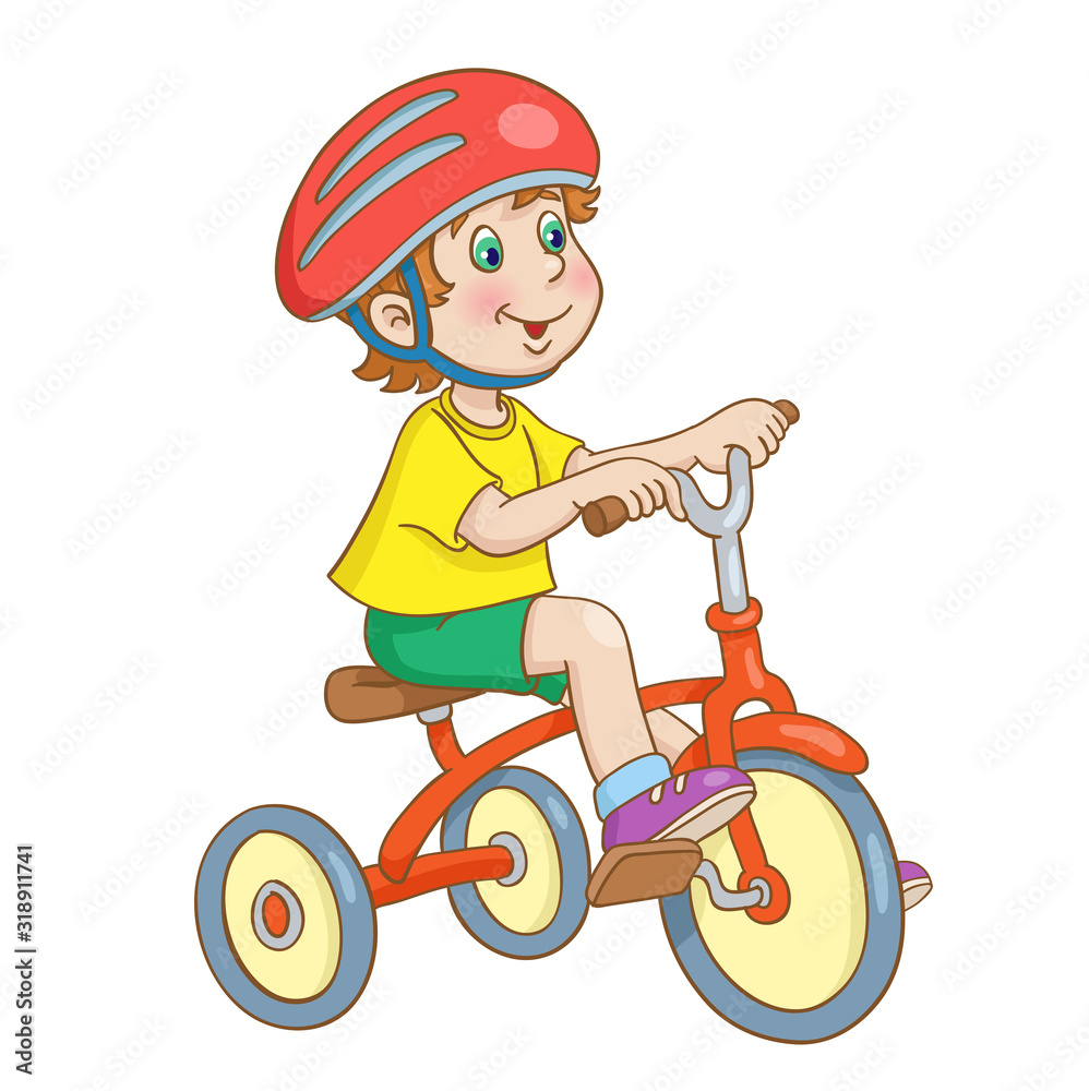 A little boy in a big red helmet rides a tricycle. In cartoon style. Isolated on white background. Vector illustration. A little boy in a big red helmet rides a tricycle. In cartoon style. Isolated on white background. Vector illustration.