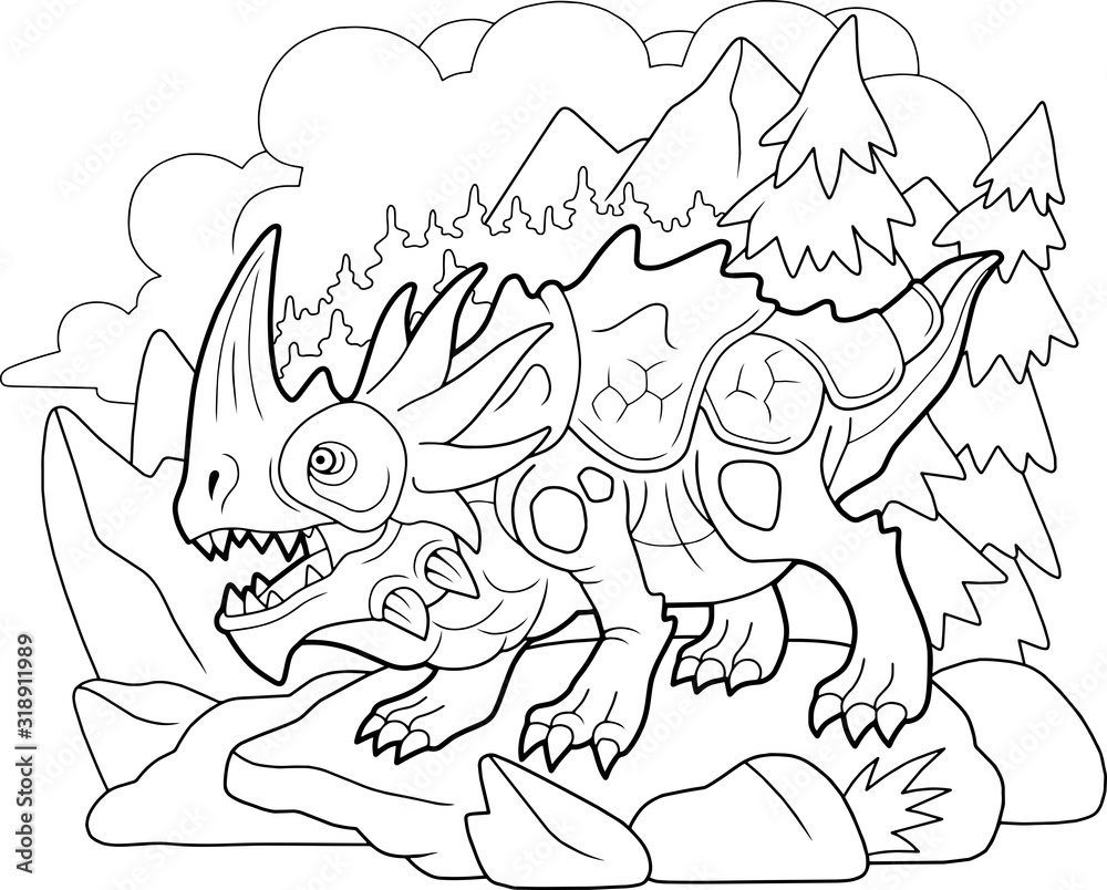 cartoon angry carnivorous dragon, coloring book, funny illustration