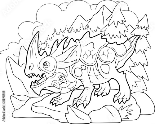 cartoon angry carnivorous dragon, coloring book, funny illustration