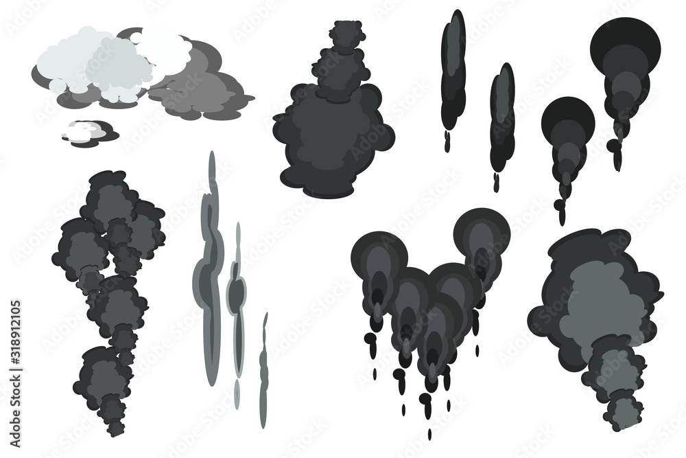 Set of smoke clouds isolated on white background. Collection cartoon smoke  dust icon. Grey steam cumulus carbon gas cloud. Environmental pollution  problem, ecology industrial harm. Stock vector.. Stock Vector | Adobe Stock
